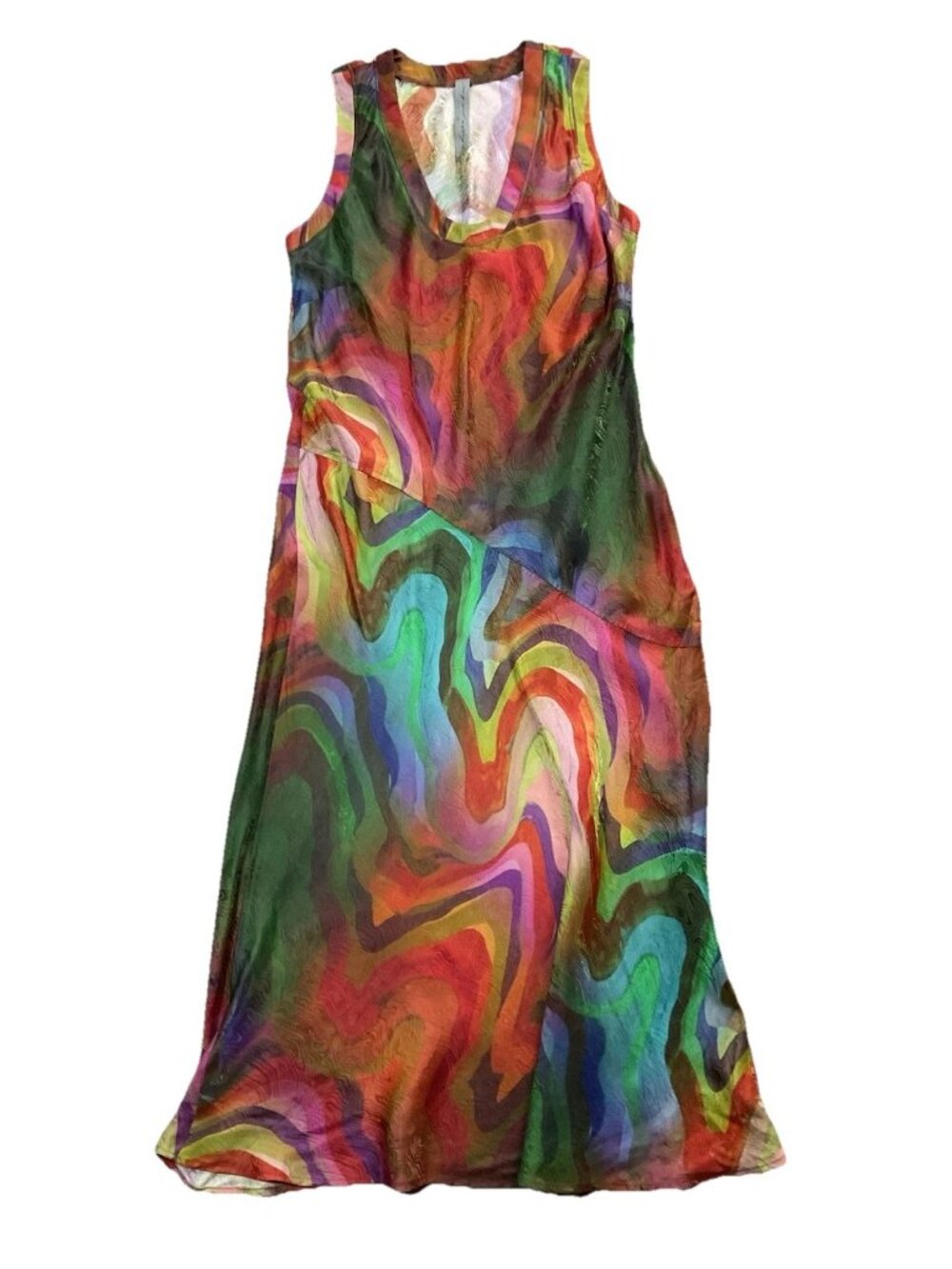 Raquel Allegra Dress Silk Rayon Print Kennedy Midi Multi Wave Size 00 Sleeveless - Picture 3 of 15